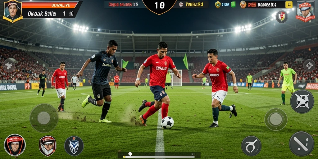 Screenshot gameplay DEWALIVE yang menunjukkan aksi sepak bola yang seru.