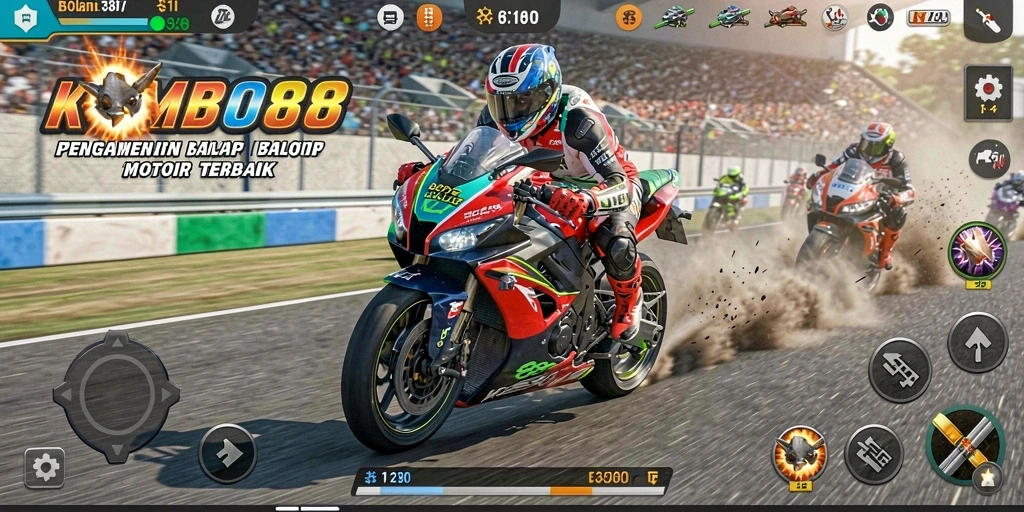 Tampilan screenshot utama KOMBO88 menunjukkan aksi balap motor yang seru.