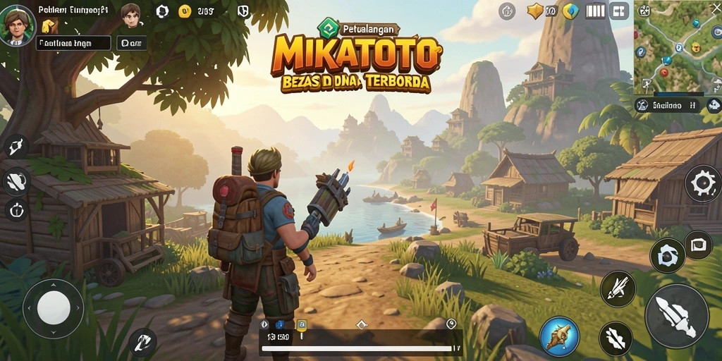Screenshot gameplay MIKATOTO menampilkan petualangan di dunia terbuka yang indah.