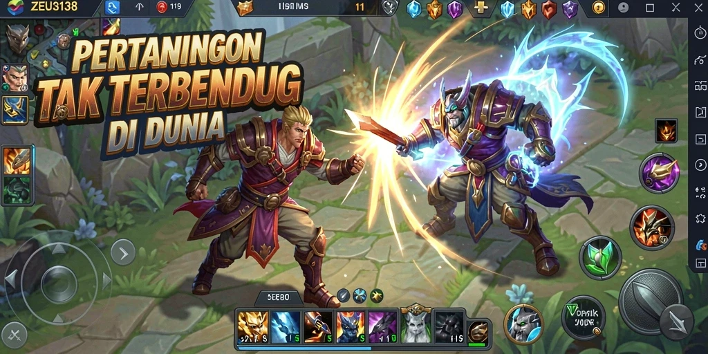 Tampilan seru pertempuran karakter di arena MOBA.